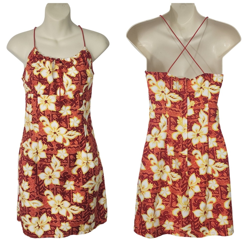 VTG Y2K Miken Hawaiian Floral Mini Dress Red Yellow Bungee Strap USA made Small‎